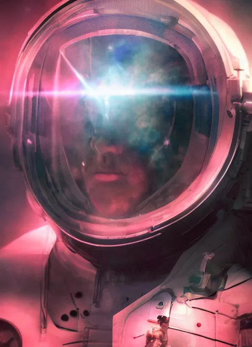 Image similar to complex poster by craig mullins astronaut in futuristic dark and empty spaceship underwater. infrared pink glowing lights. complex and hyperdetailed technical suit. reflection and dispersion materials. rays and dispersion of light. volumetric light. 5 0 mm, f / 3 2. noise film photo. flash photography. unreal engine 4, octane render. interstellar movie art