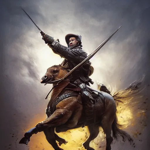 Image similar to hyperrealistic mixed media high resolution painting of Danny DeVito heroically riding into Civil War saddled upon a giant galloping duck, stunning 3d render inspired art by István Sándorfi and Greg Rutkowski, perfect symmetry, dim volumetric lighting, 8k octane beautifully detailed render, post-processing, extremely hyper-detailed, intricate, epic composition, highly detailed attributes, highly detailed atmosphere, cinematic lighting, masterpiece, trending on artstation, very very detailed, masterpiece, stunning, flawless structure, lifelike texture, perfection, hyperrealism,