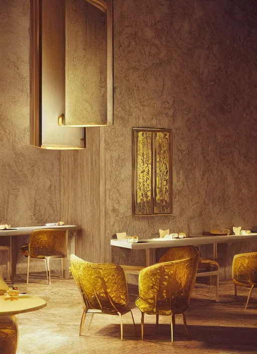 Prompt: interior design of a honey themed hotel interior design by philippe starck and victoria hagan, detailed digital photography by rutkovski and beksinski, masterpiece, gorgeous, 4 k