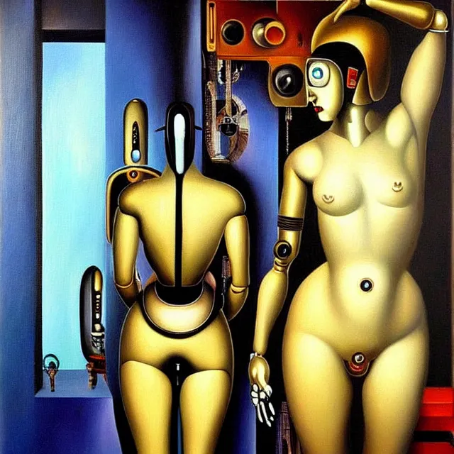 Prompt: a beautiful painting cyberpunk robot venus of milos, bathroom by salvador dali realistic oil painting