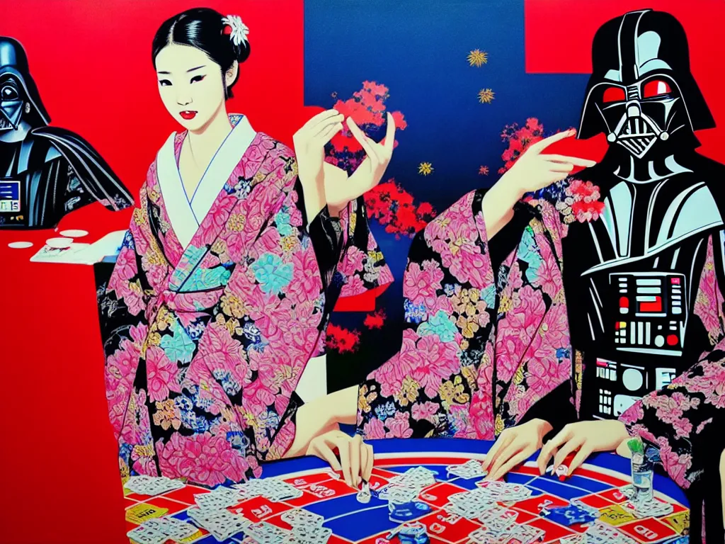 Image similar to hyperrealistic composition of the detailed woman in a japanese kimono sitting at a extremely detailed poker table with hyperdetailed darth vader, fireworks, mountain fuji on the background, pop - art style, jacky tsai style, andy warhol style, acrylic on canvas