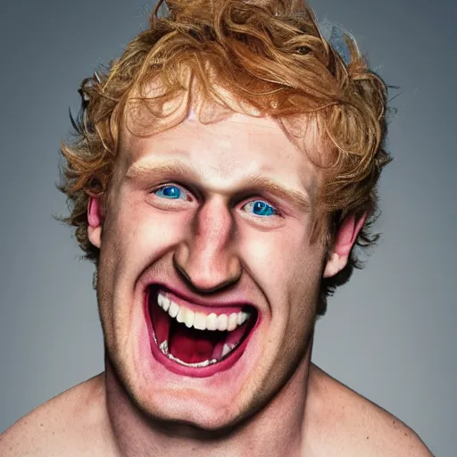 Prompt: A portrait of special needs Logan Paul. Massive grin. Mad TV. cursed and haunted. double chin.