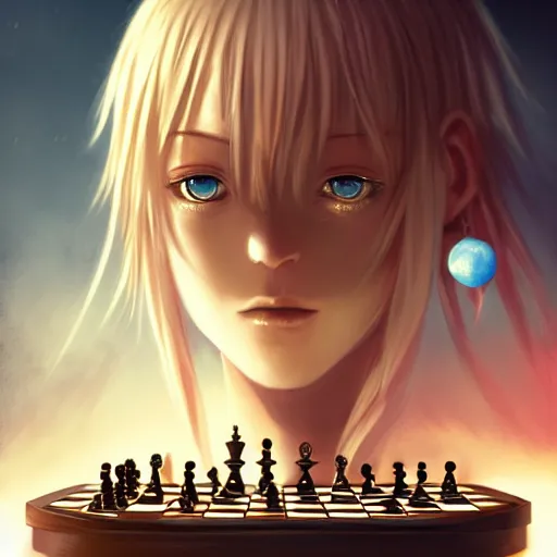 Image similar to rimuru tempest from tensura playing chess, perfect hands, with amber eyes of golden colored eyes, straight hair, sky blue hair, long bangs, high collar, concept art, award winning photography, digital painting, cinematic, wlop, 8 k, by ross tran, tom bagshaw, andy warhol