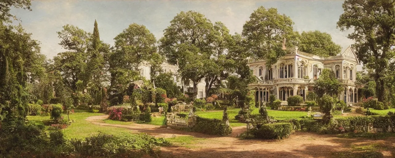 Image similar to a highly detailed photograph of a house from the 1880s surrounded by beautiful gardens, view from ground level, elegant, ornate, daytime, beautifully lit scene