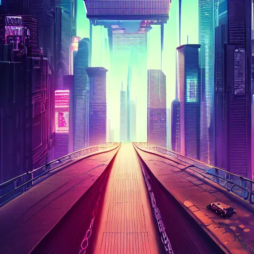 Image similar to a man standing on top of a bridge over a city, cyberpunk art by vincent lefevre, behance contest winner, altermodern, cityscape, synthwave, matte painting