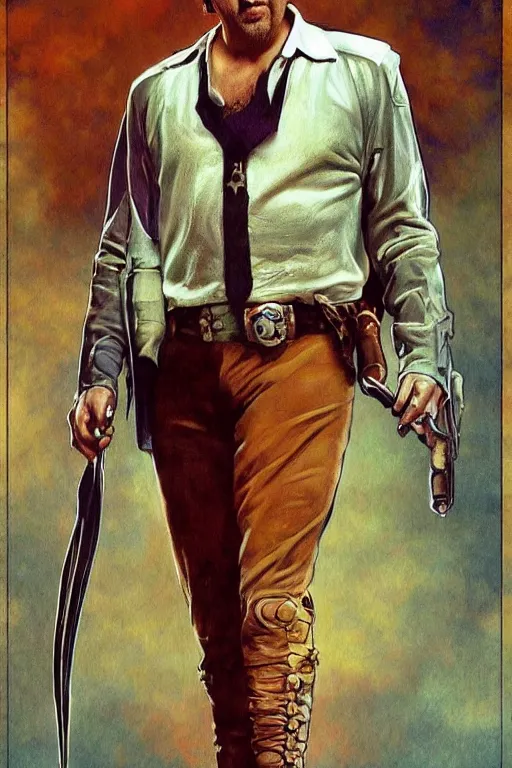 Prompt: a dramatic ethereal epic painting of nicolas cage as walker texas ranger | tarot card, art deco, art nouveau, realistic | detailed face, cinematic lighting | by Dresden Codak, by Mark Maggiori and Alphonse Mucha | trending on artstation