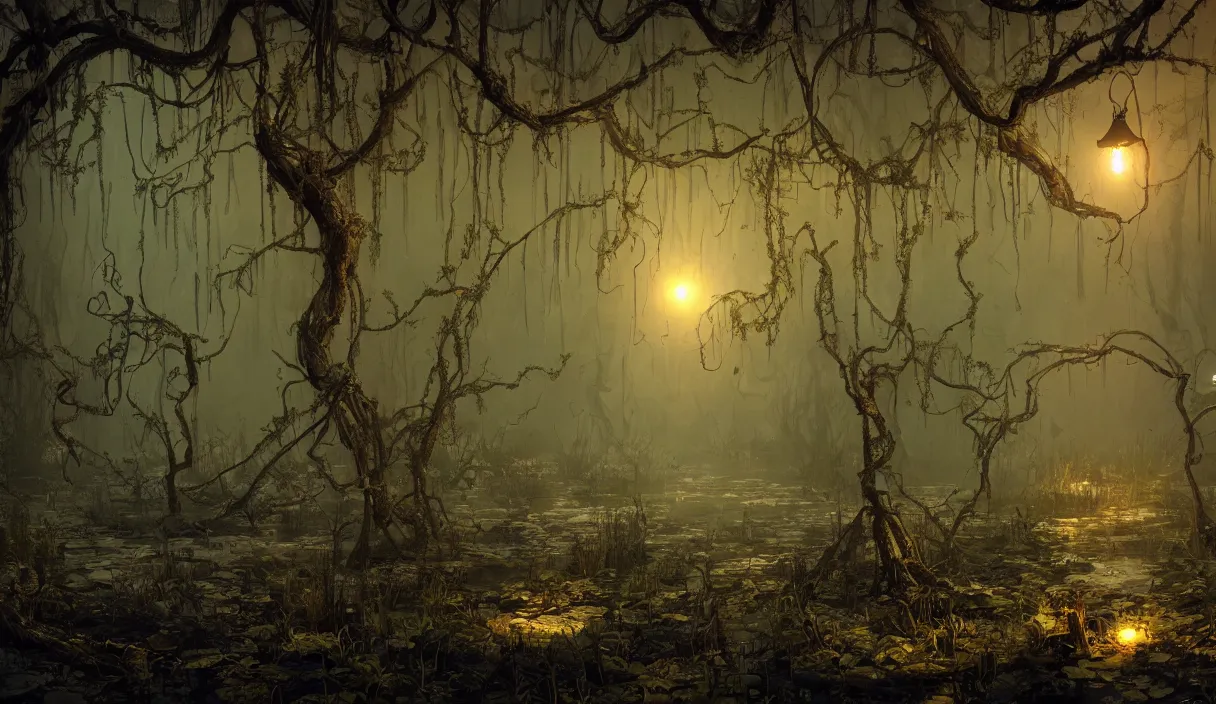 Image similar to swamp at night, stars, path, lanterns, torches, fireflies, bioluminescence, vines, fire, stream, fog, insane details, intricate, elite, ornate, elegant trend, highly detailed and intricate, sharp focus, photography, unreal engine, trending on artstation, photorealistic, octane, hyper detailed, trending on deviantart,