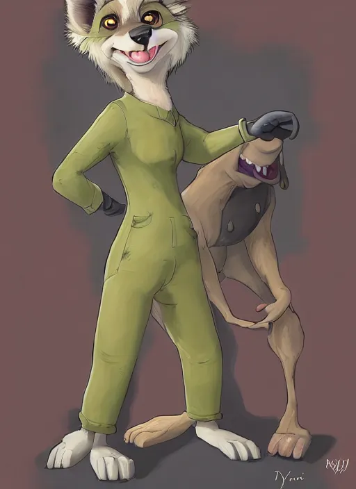 Image similar to oil painting detailed full body of anthromorphic female hyena, in style of zootopia, zootopia, zootopia, fursona, furry, furaffinity, 4 k, deviantart, furry art, fursona art, wearing black business suit, business suit, in style of zootopia, hyena fursona, cyberpunk, female, expressive, detailed feminine face,