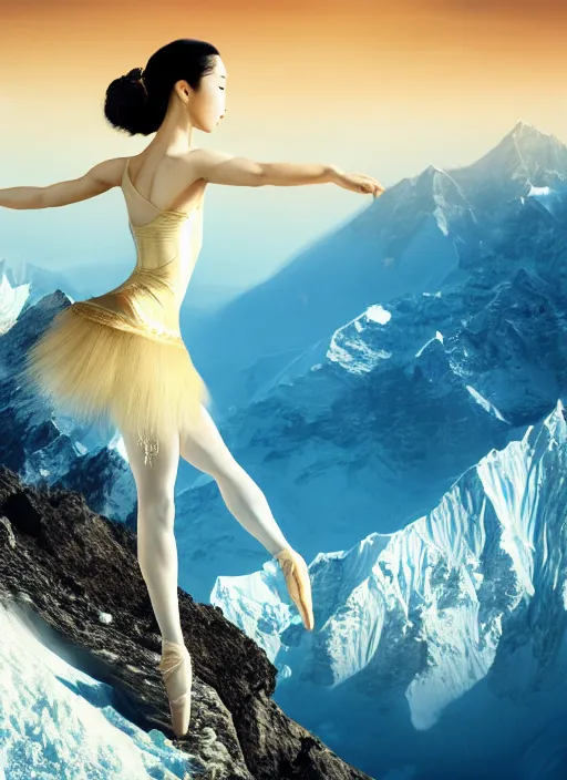 Prompt: stunningly beautiful, asian prima ballerina on mt everest, golden hour, smooth, focus, highly detailed, hyper realistic, dramatic lighting, elegant, intricate, concept art, art by wlop, mars ravelo, greg rutowski