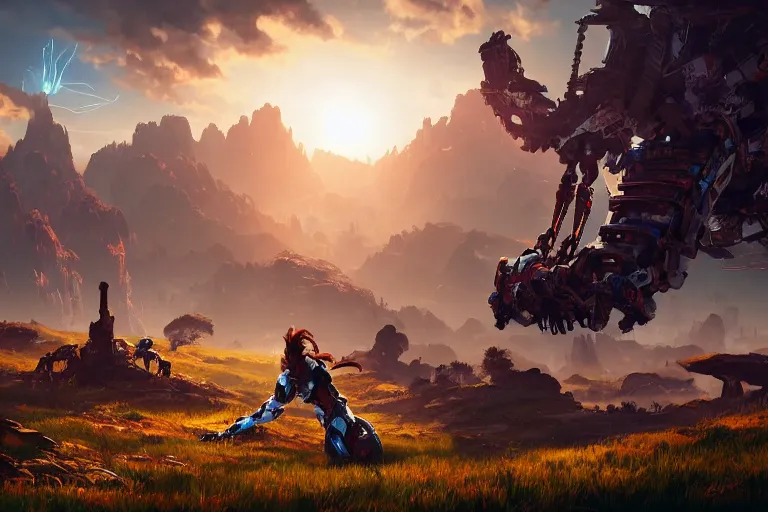 Image similar to tallneck machine mecanical creature robot of horizon forbidden west horizon zero dawn radiating a glowing aura global illumination ray tracing hdr fanart arstation by ian pesty and alena aenami artworks in 4 k