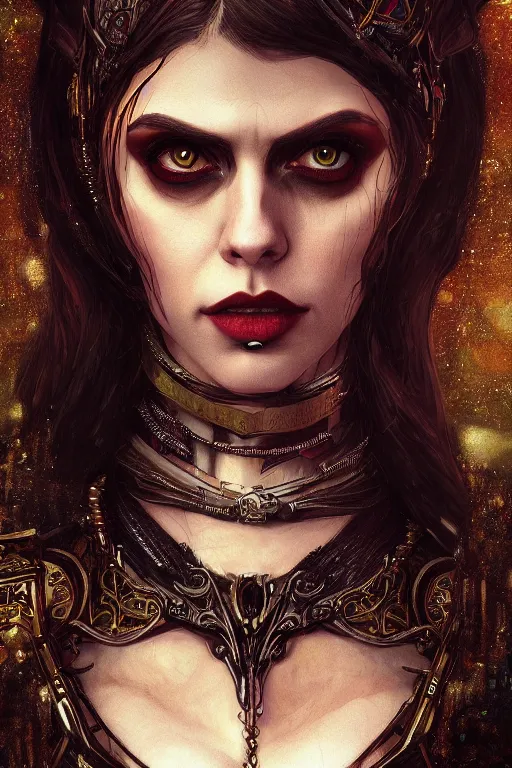 Image similar to portrait of beautiful gothic Alexandra Daddario, cyberpunk, Warhammer, highly detailed, artstation, illustration, art by Gustav Klimt