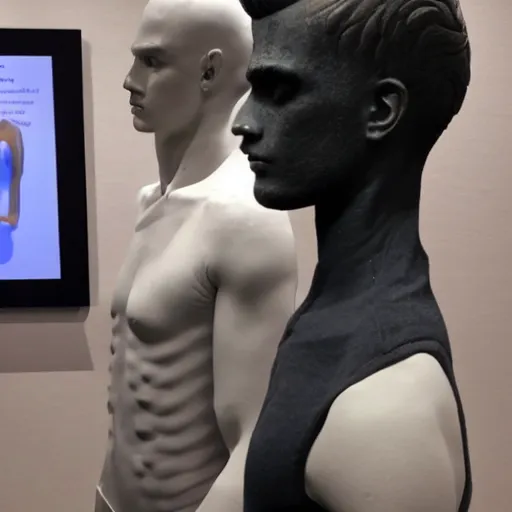 Image similar to a realistic detailed photo of a guy who is an attractive humanoid who is half robot and half humanoid, who is a male android, twitch streamer ninja tyler blevins, shiny skin, posing like a statue, blank stare, at the museum, on display