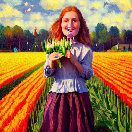 Image similar to dutch girl with one giant tulip as a face, surreal photography, flower field, sunset dramatic light, impressionist painting, colorful clouds, blue sky, digital painting, artstation, simon stalenhag