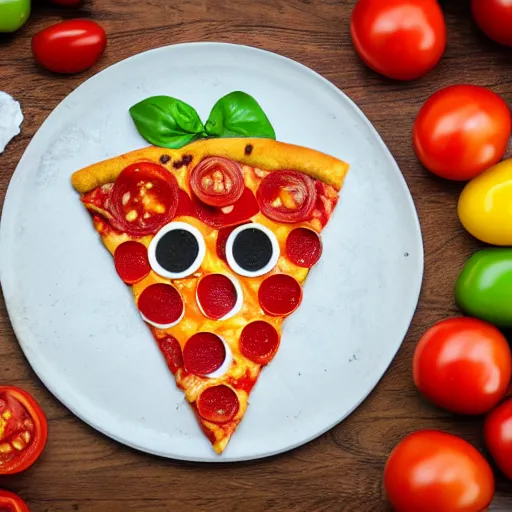 Image similar to a pizza with eyes and fingers and tomatoes cheese on it, top view