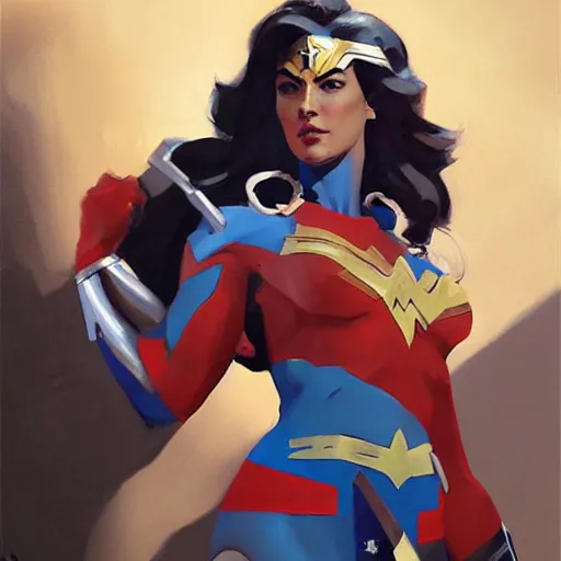 Image similar to greg manchess portrait painting of wonderwoman as overwatch character, medium shot, asymmetrical, profile picture, organic painting, sunny day, matte painting, bold shapes, hard edges, street art, trending on artstation, by huang guangjian and gil elvgren and sachin teng