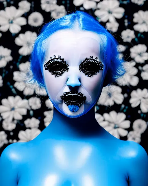 Image similar to symmetrical close - up portrait of a woman wearing a translucent silicone beauty mask and blue hair, wearing a black bodysuit by alexander mcqueen, standing in a room full of plastic translucent flowers, black background, soft diffused light, biotechnology, humanoide robot, bjork aesthetic, translucent, intricate details, highly detailed, masterpiece,