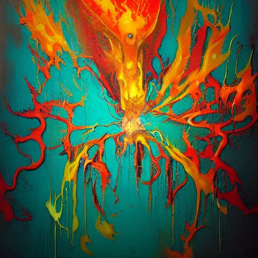 Image similar to a devouring abstract splatters of paint in the style of francis bacon, engulfing flames in the style of james jean, surreal, beksinski, high detailed