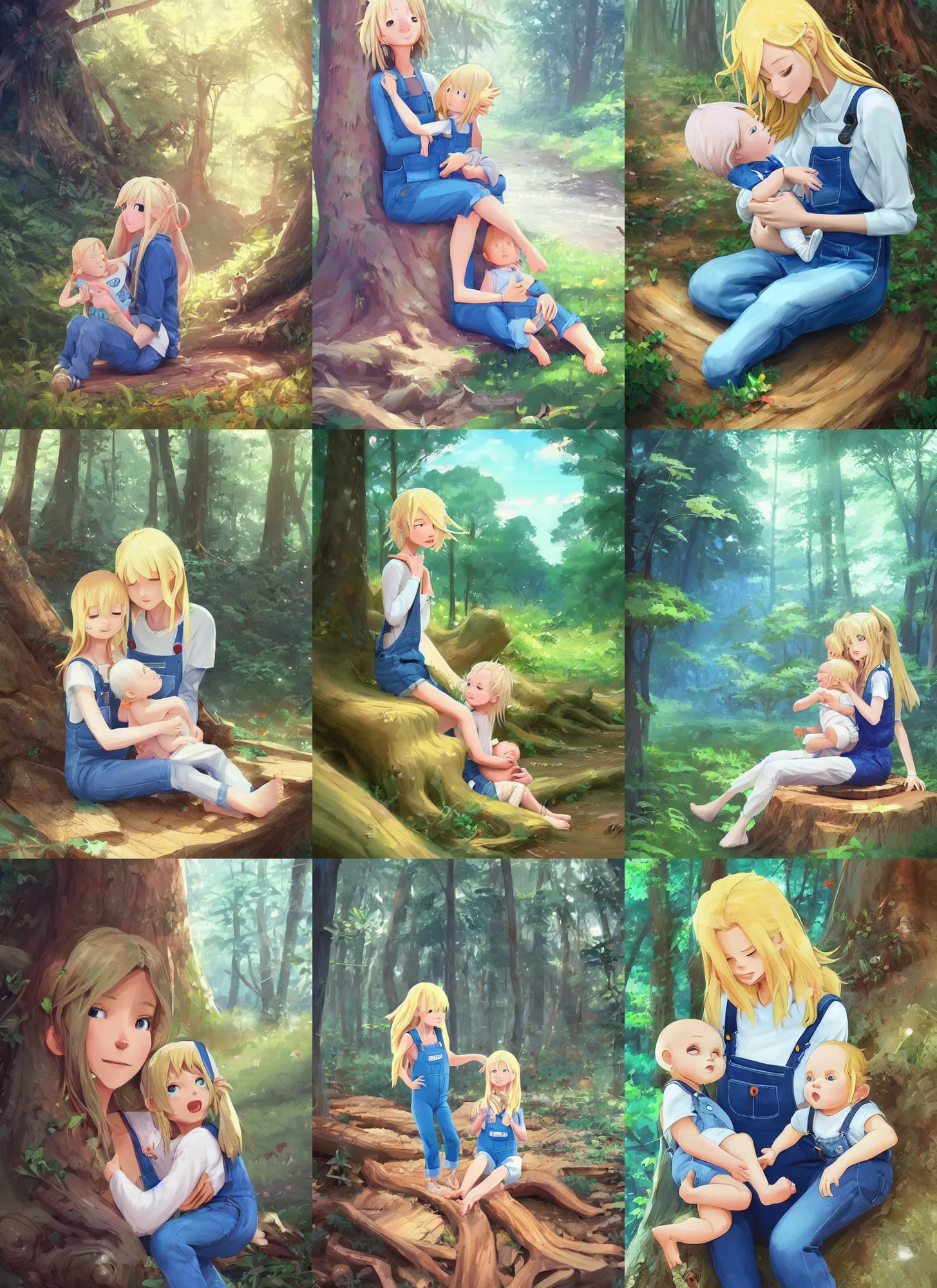 Prompt: a long hair blond skinny mum wearing a blue overalls cradling a baby in a forest sitting on a tree stump. trees, river. baby with no hairs. coherent. by makoto shinkai, rossdraws, james jean, andrei riabovitchev, marc simonetti, trending on artstation, digital art.