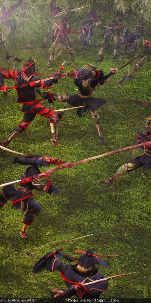 Image similar to samurais in colourful armor fight against each other in a bamboo forest, cinematic, epic pose, battle scene, render, unreal engine