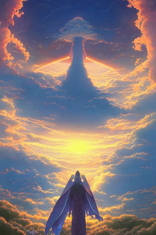 Image similar to the portal to heaven by hiroshi yoshida and moebius and loish and artgerm, painterly, symmetrical, ultra detailed, hyper realistic, illustration, sunset lighting