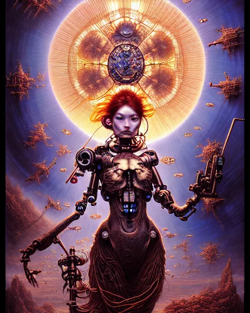 Prompt: award winning art by mark riddick, wlop, wallpaperflare, houdini, vfx, james gurney, dan luvisi, audrey kawasaki, tim hildebrandt, liam wong, aoi ogata, mao hamaguchi, thomas kinkade, ernst haeckel, trending on artstation, very detailed 8 k illustration with tarot card frame of a beautiful cyborg princess
