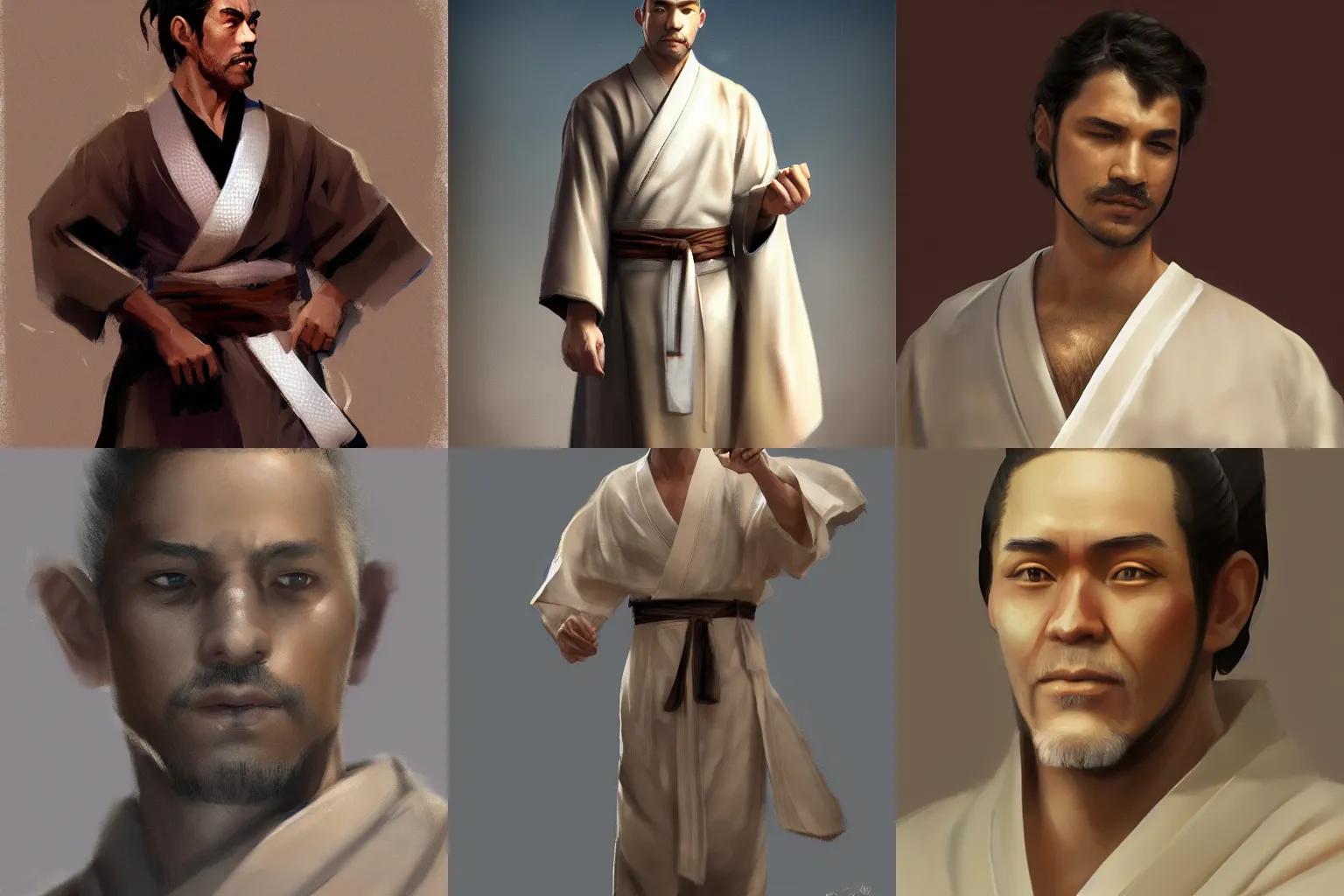 Prompt: man of average build. Light skin and medium wavy brown hair swept over his ears. Some light stubble on his face. He wears a white yukata and carries a katana. Craig Mullins. Portrait. featured on artstation