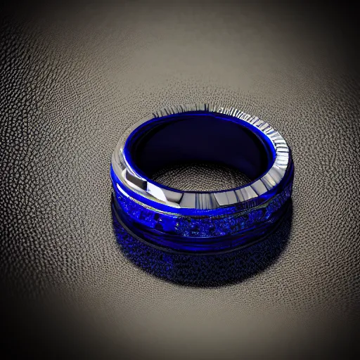 Image similar to A ring with a deep blue sapphire and hyper detailed engraving on the platinum band, mens jewellery, V-ray, 8k, Octane Render, Unreal engine, Studio lighting, Black backdrop