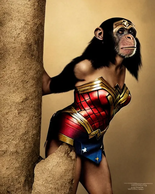 Image similar to photos of a Chimpanzee dressed as Wonder Woman. Photography in the style of National Geographic, photorealistic