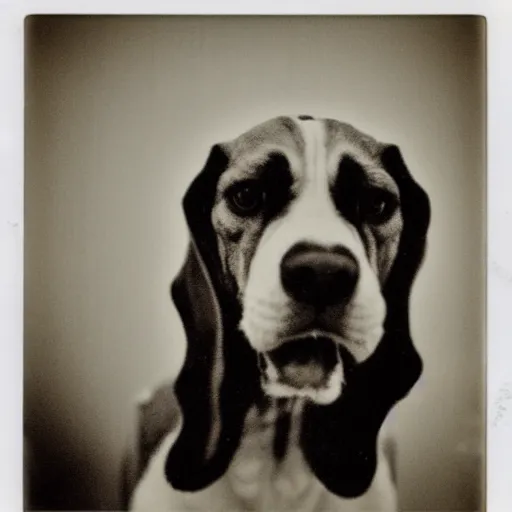 Prompt: grainy polaroid photo of a monstrous beagle