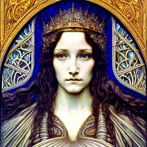 Image similar to detailed realistic beautiful young medieval queen face portrait by jean delville, gustave dore and marco mazzoni, art nouveau, symbolist, visionary, gothic, pre - raphaelite, art forms of nature by ernst haeckel, horizontal symmetry