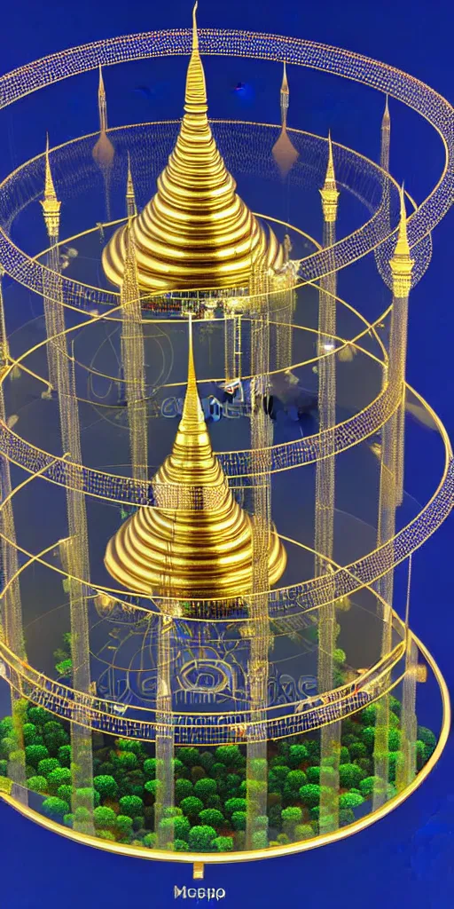 Prompt: opulent hyperbaric thai democracy monument on top and thai royal palace at the bottom prison chronomacrophotograph mycelial faberge vast circle round chamber on a nanometer scale. ultracomplex precision engineering diagram render, extra ray - tracing.