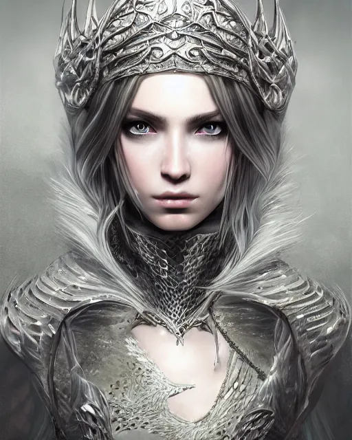 Image similar to highly detailed sharp photorealistic portrait of a beautiful female hunter with shimmering hair, symmetrical face and eyes, dressed in intricate silver, cgsociety, Elden Ring, Dark Souls, Bloodborne