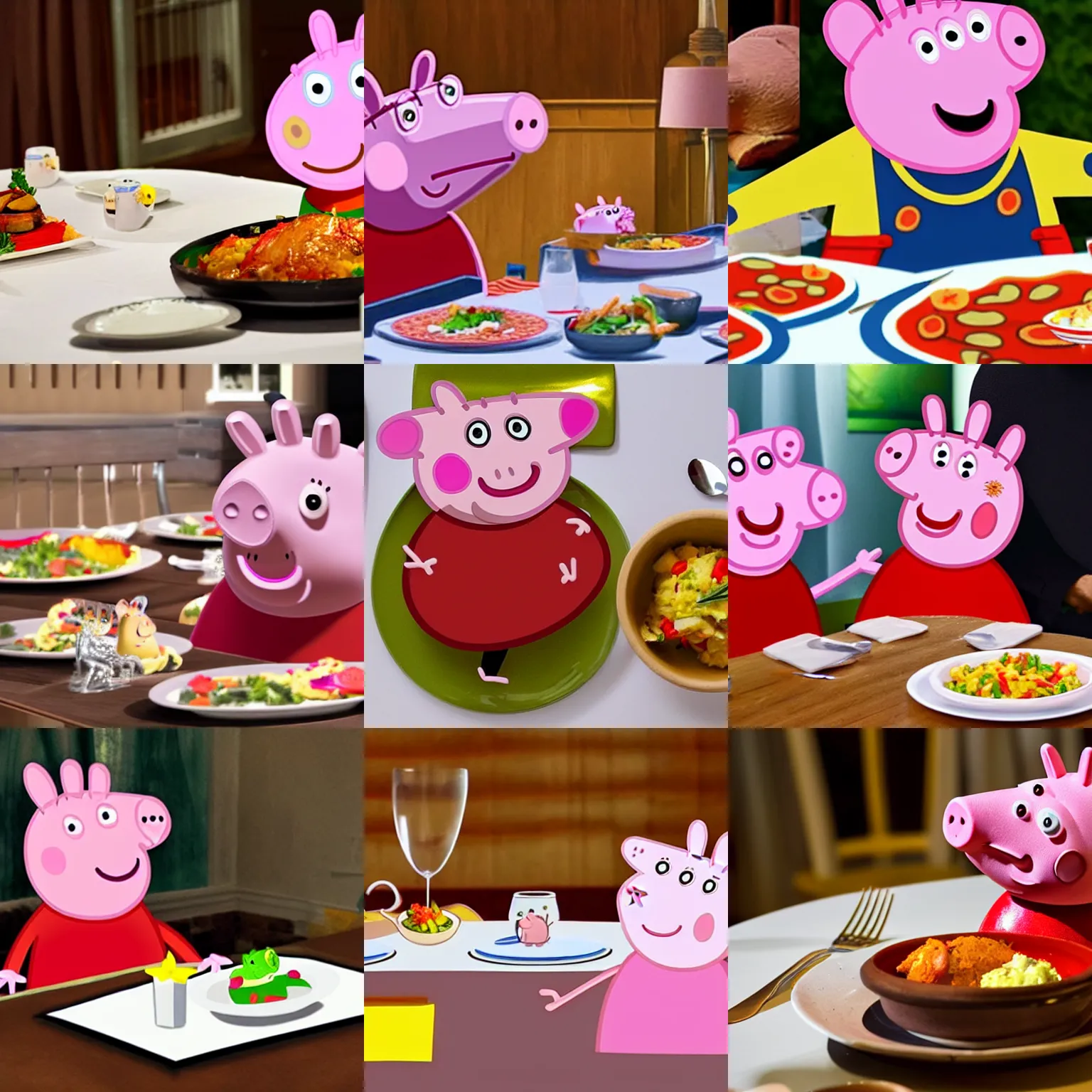 Prompt: the head of peppa pig is being served at a dinner table