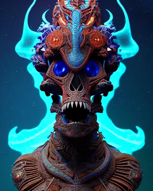 Image similar to 3 d ornate carved dark cosmic horse with profile portrait, sigma 5 0 0 mm f / 5. beautiful intricate highly detailed quetzalcoatl skull. bioluminescent, plasma, lava, ice, water, wind, creature, thunderstorm! artwork by tooth wu and wlop and beeple and greg rutkowski, 8 k trending on artstation