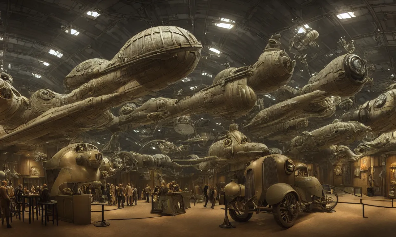 Prompt: exhibition hall of a dieselpunk museum of renaissance full of glass showcases with incredibly detailed dioramas of aliens and spaceships, fused into epoxide, high detail, raytracing, back light, raymarching, new movie from digital domain and weta digital