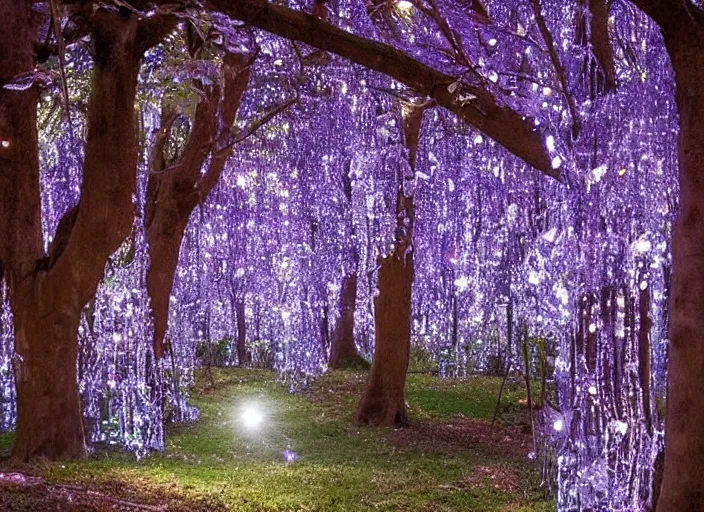 Image similar to a magical forest with occasional crystal flowers that glow in the dusk,