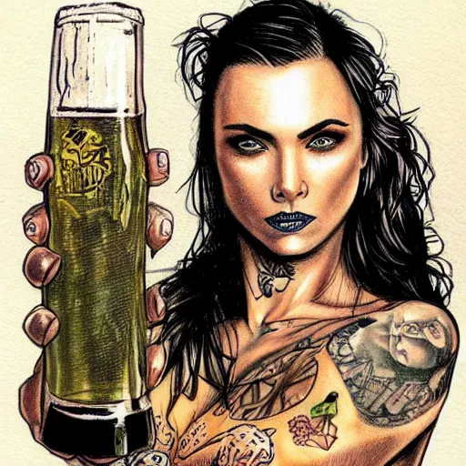 Image similar to a very accurately drawn beautiful portrait of a heavily tattooed woman handing you a beer in Travis Charest style