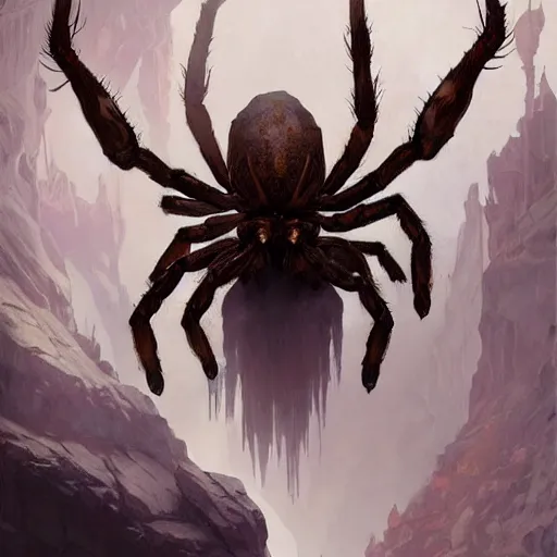 Image similar to A gigantic spider in a rocky cave, fantasy art by greg rutkowski and alphonse mucha, highly detailed, digital painting, matte painting, concept art, illustration, oppressive lighting, trending on artstation, very detailed