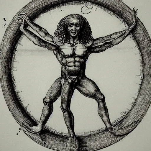 Image similar to drawing of octopus in style of Vitruvian Man by Leonardo da Vinci