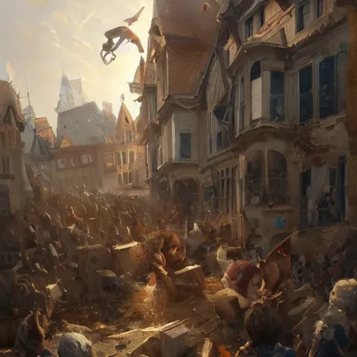 Prompt: a highly detailed oil painting of a giant rabbit smashing houses, renaissance, bystanders watching from the sides, 4 k, by greg rutkowski, artstation,