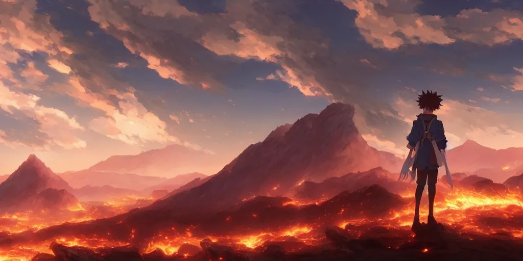 Prompt: anime character in front of an apocalyptic landscape with mountains and the clouds are burning, hyperrealistic, trending on pixiv fanbox, painted by greg rutkowski makoto shinkai takashi takeuchi studio ghibli, akihiko yoshida