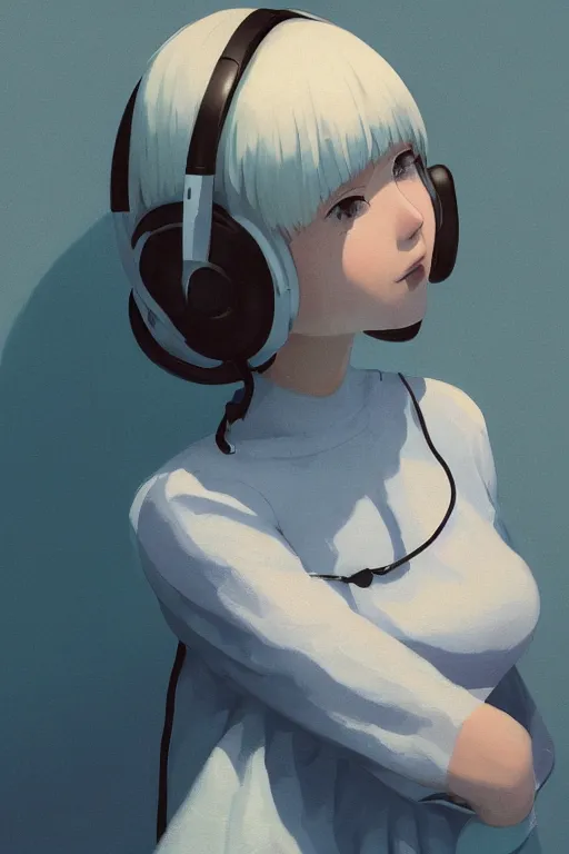 Image similar to a cute young woman listening to music in a bubble chair with her eyes closed and wearing headphones, white bob cut hair, freckles, cozy setting, blue filter, blue and white, soft lighting, cinematic, moody, nier automata, poster, oil on canvas, in the style of Ilya Kuvshinov, Krenz Cushart, Range Murata, 8k