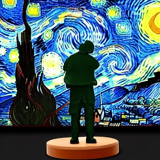 Image similar to vincent van gogh standing next to his painting starry night, stop motion vinyl action figure, plastic, toy, butcher billy style