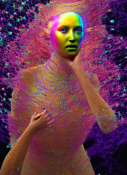 Image similar to hyper detailed 3d render like a Oil painting - Aurora (metallic iridescent rainbow faced goddess) seen Eating of the Strangling network of yellowcake aerochrome and milky Fruit and Her delicate Hands hold of gossamer polyp blossoms bring iridescent fungal flowers whose spores black out the foolish stars by Jacek Yerka, Mariusz Lewandowski, Houdini algorithmic generative render, Abstract brush strokes, Masterpiece, Edward Hopper and James Gilleard, Zdzislaw Beksinski, Mark Ryden, Wolfgang Lettl, hints of Yayoi Kasuma, octane render, 8k