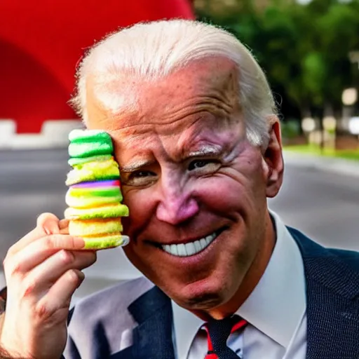 Image similar to obese joe biden eating rainbowcake