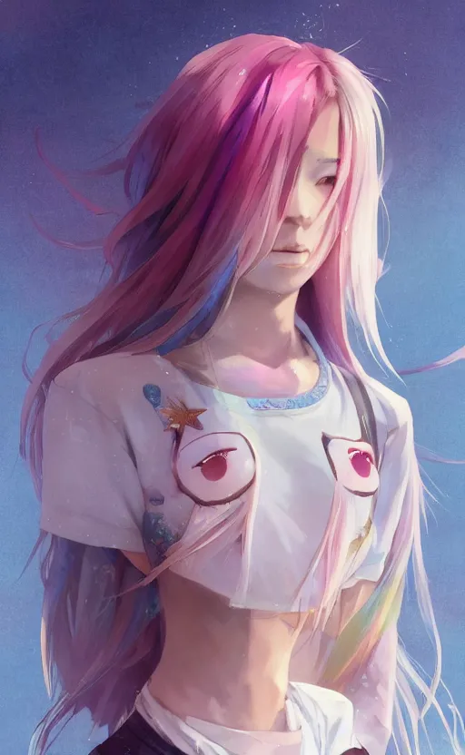 Image similar to a kawaii woman with rainbow hair, soft eyes and narrow chin, dainty figure, long hair straight down, kawaii shirt and jeans, basic white background, In style of by Jordan Grimmer and greg rutkowski, crisp lines and color