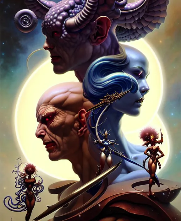 Image similar to beautiful gemini good and evil fantasy character portrait, ultra realistic, wide angle, intricate details, the fifth element artifacts, highly detailed by peter mohrbacher, hajime sorayama, wayne barlowe, boris vallejo, aaron horkey, gaston bussiere, craig mullins