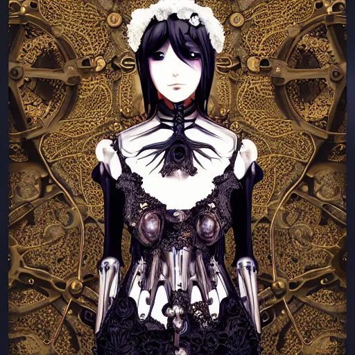 Image similar to surreal manga anime photo portrait of complex bio-mechanical beautiful young female skeletal cyborg with a Mandelbrot fractal steampunk metal fine lace face, retrofuturistic depressing, floral foliage super big lace collar, rococo, steampunk, 8k