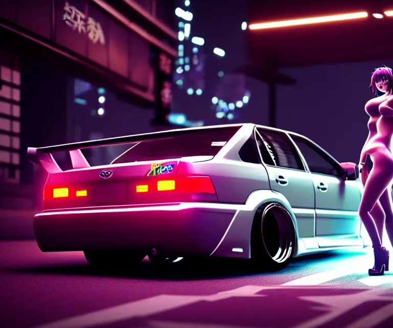 Image similar to toyota jzx 1 0 0 drift with cyberpunk girl standing, detailed - wheels, shibuya prefecture, cinematic lighting, photorealistic, night photography, octane render