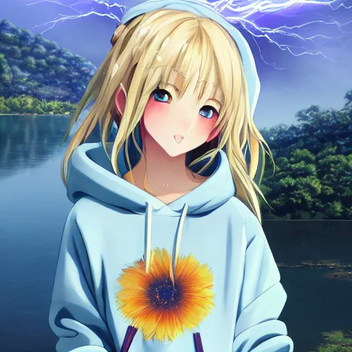 Prompt: a very beautiful anime girl, full body, long wavy blond hair, sky blue eyes, full round face, short smile, oversized hoodie, miniskirt, flower in hair, summer lake setting, cinematic lightning, medium shot, mid-shot, highly detailed, trending on Artstation, Unreal Engine 4k, cinematic wallpaper by Stanley Artgerm Lau, WLOP, Rossdraws, James Jean, Andrei Riabovitchev, Marc Simonetti, and Sakimichan